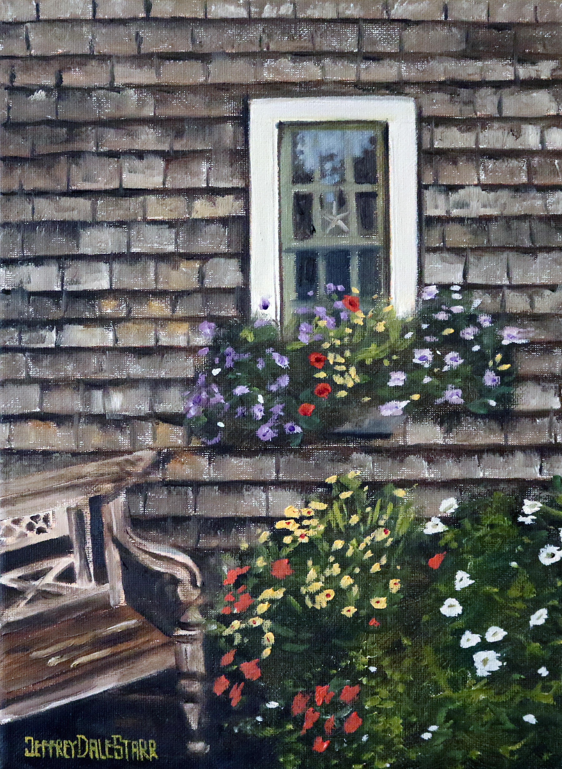 Oil painting "Patio of Flowers on Cape Cod" by Jeffrey Dale Starr