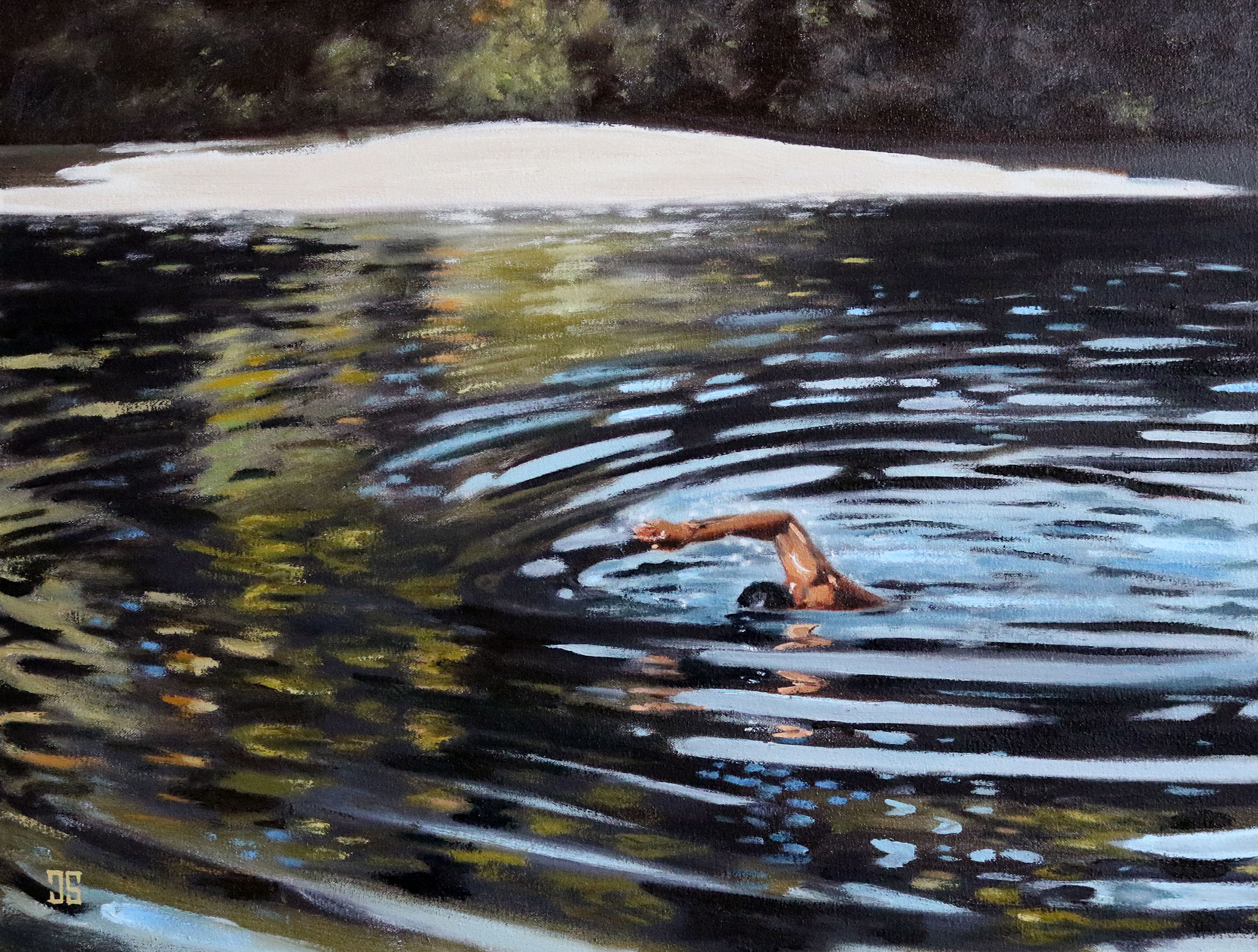 Oil painting "Early Morning Walden Pond Swimmer" by Jeffrey Dale Starr