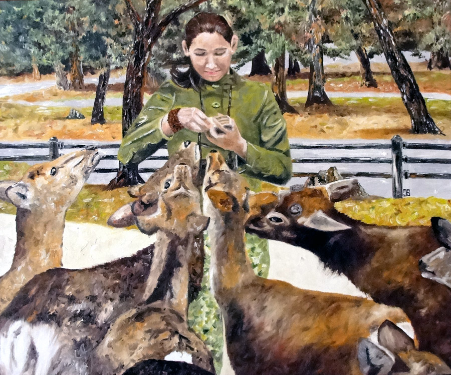 Oil painting "Feeding Deer In Nara" by Jeffrey Dale Starr