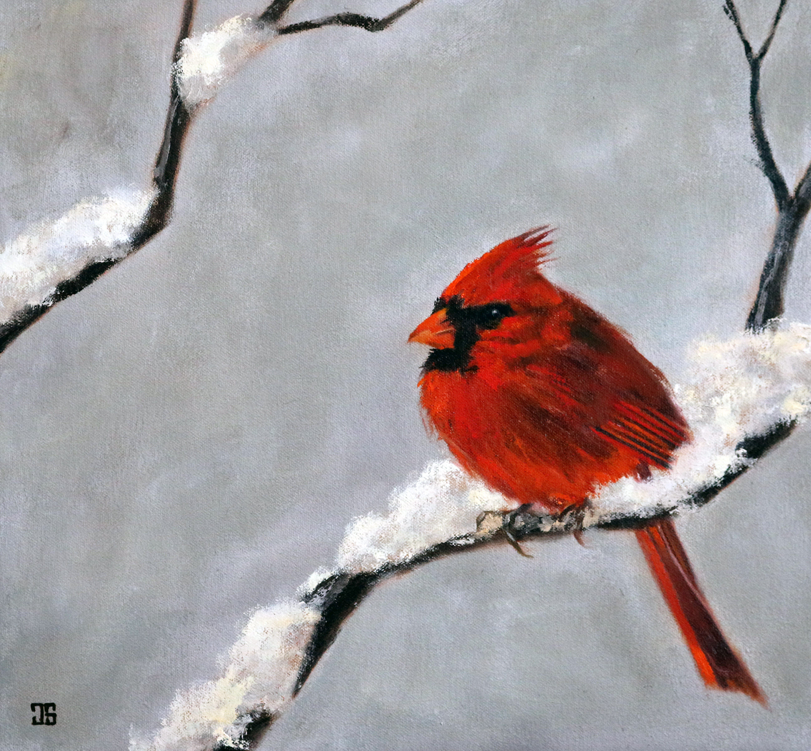 Oil painting "Cardinal in Snow" by Jeffrey Dale Starr