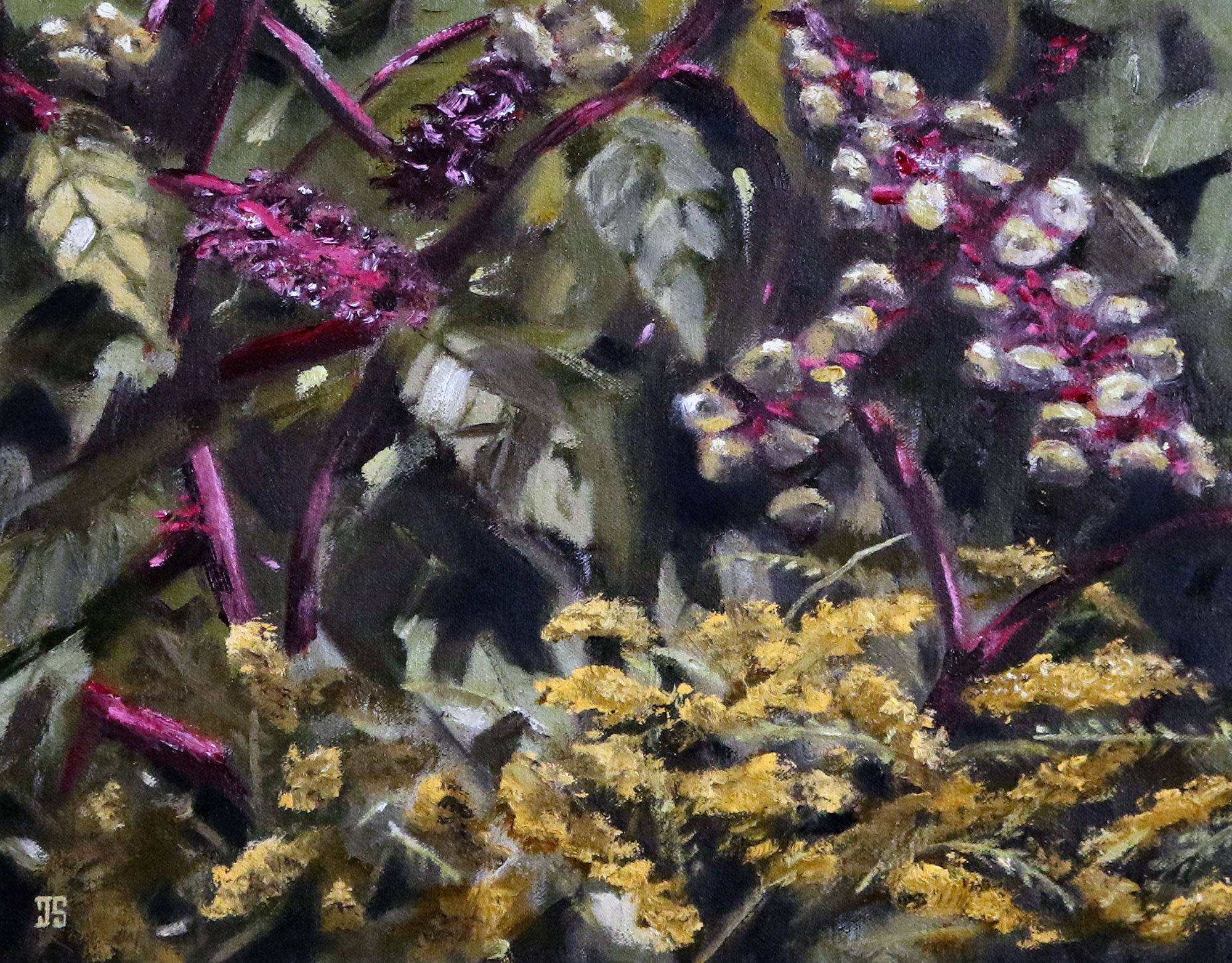 Oil painting "Pokeweed Berries and Goldenrod" by Jeffrey Dale Starr