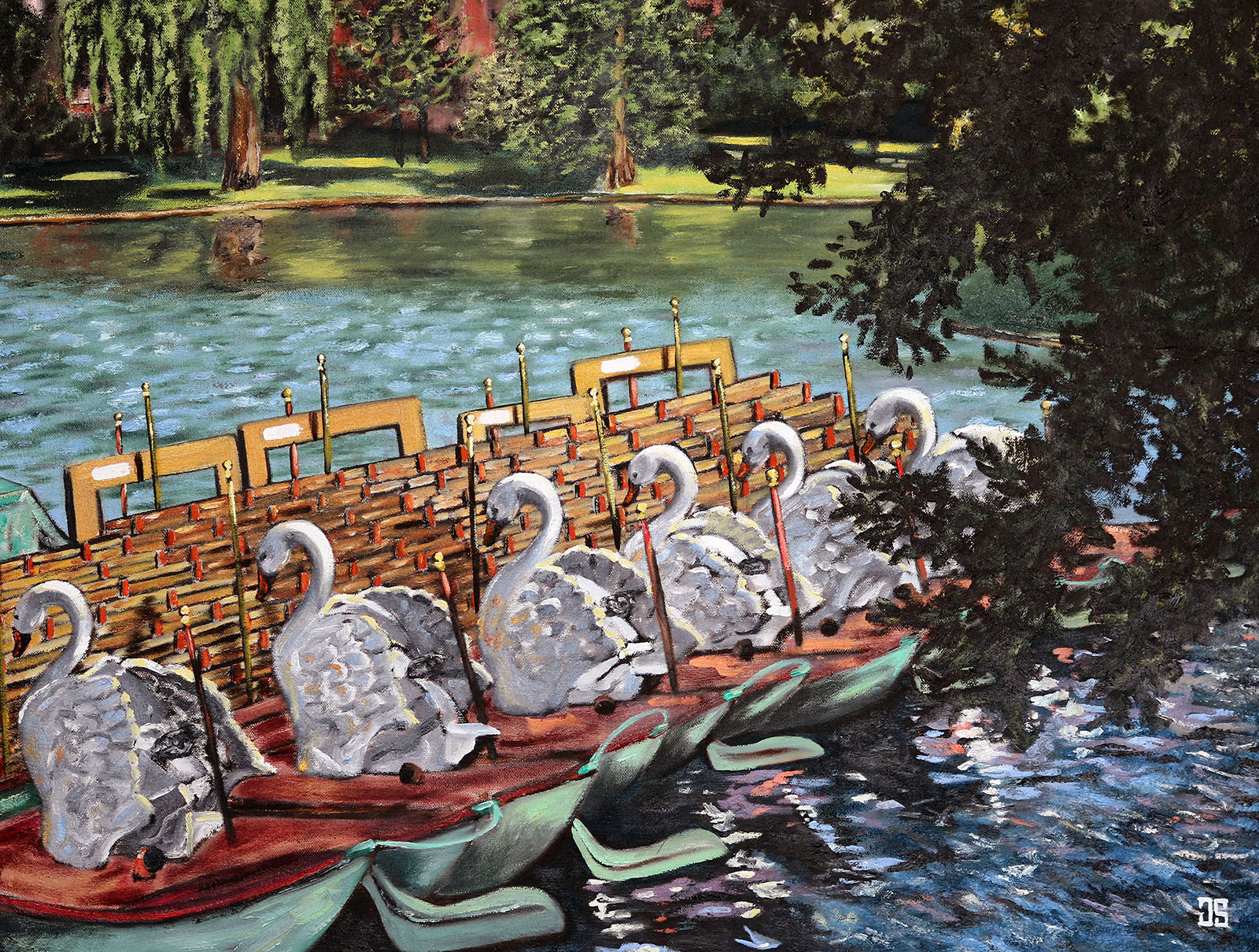 Oil painting "Swan Boats in Boston Public Garden" by Jeffrey Dale Starr