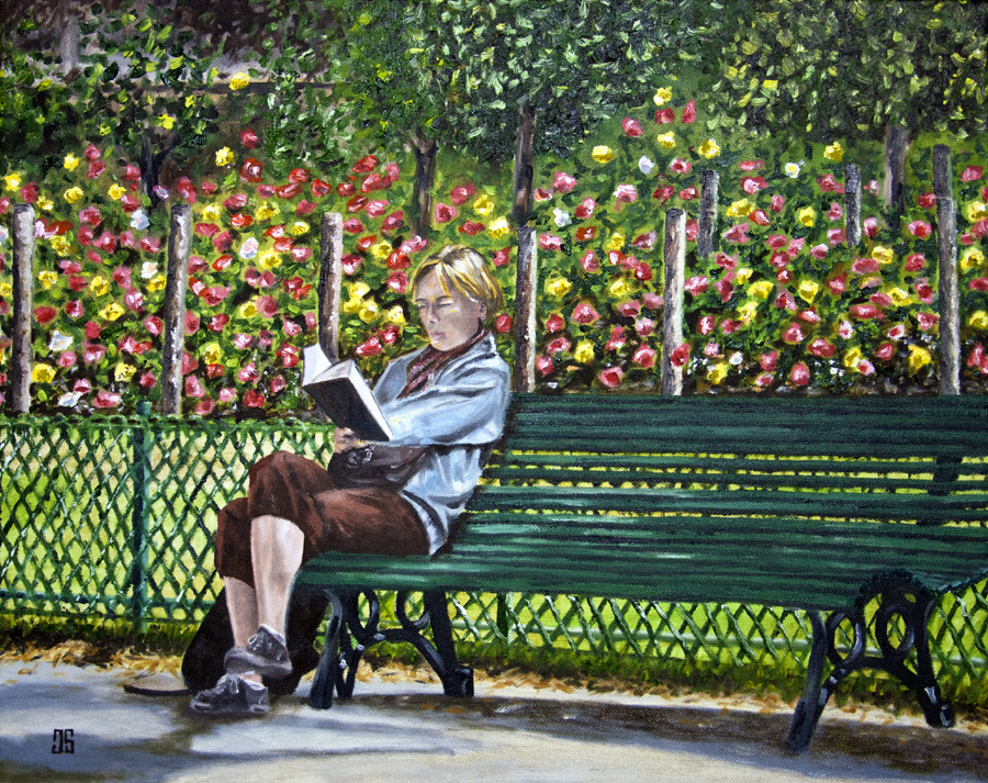 Oil painting "Woman Reading in Parc Monceau, Paris" by Jeffrey Dale Starr