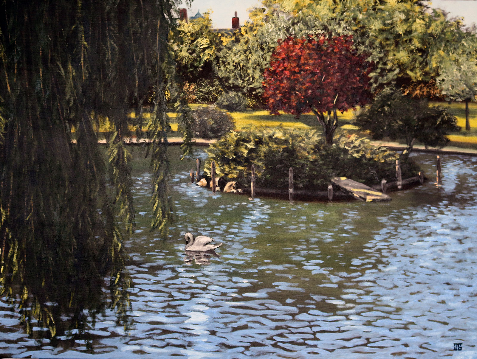Oil painting "Island with Swan in Boston Public Garden" by Jeffrey Dale Starr